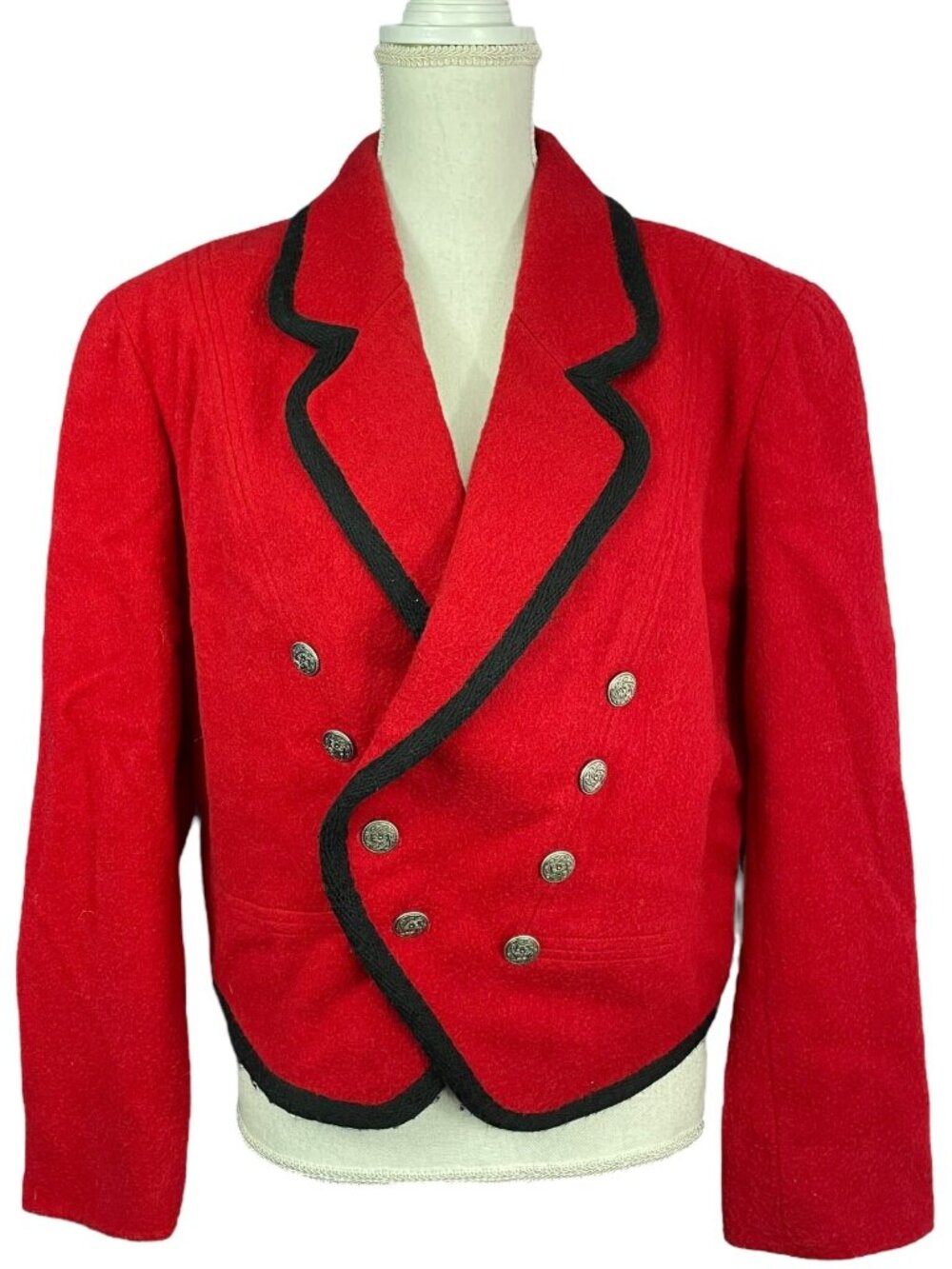 Wool Blend Military Jacket 12 Double Breasted Band Burgundy Red Contrast Trim